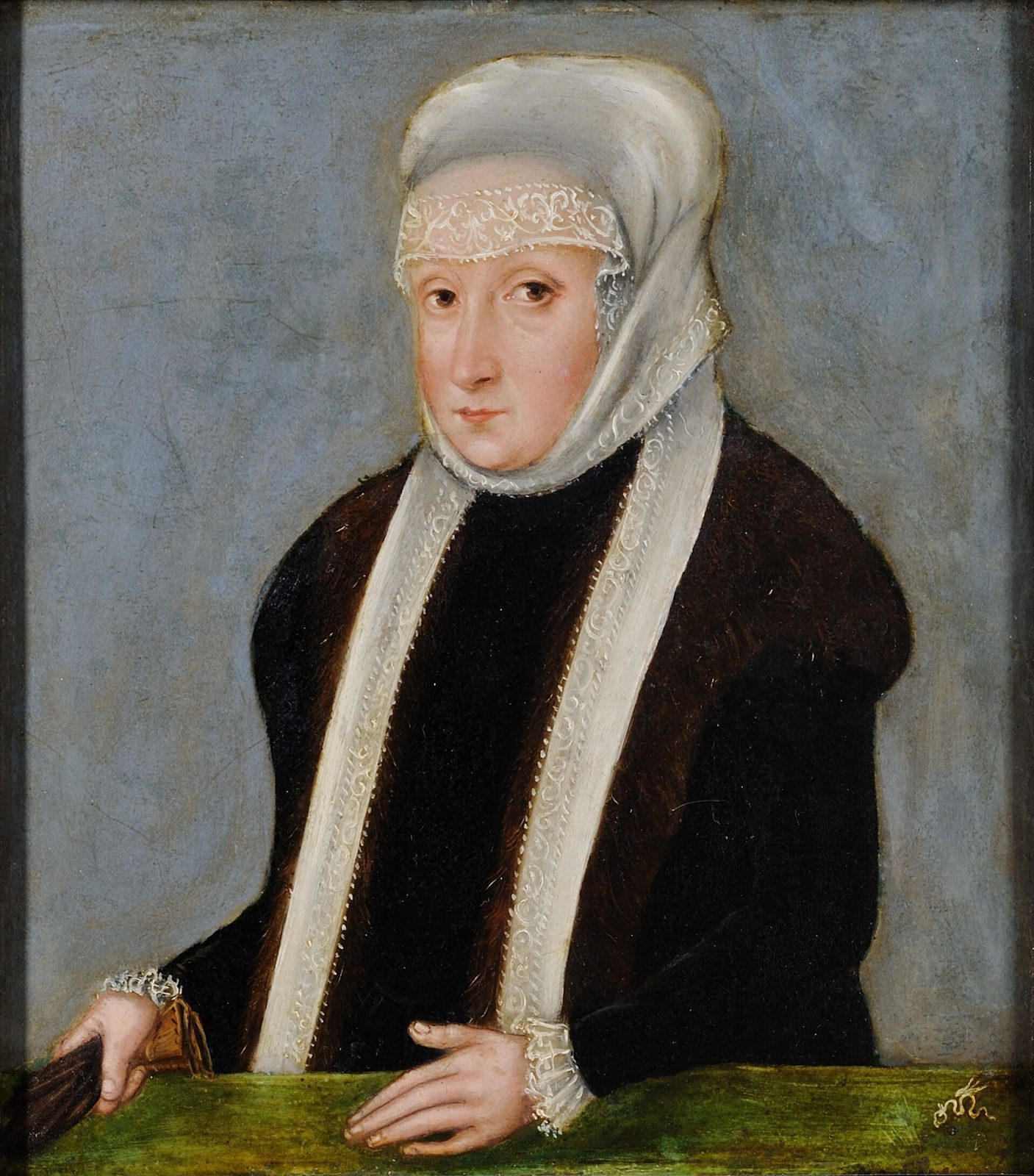 A painted portrait of a woman in a white widow's cap and black gown.