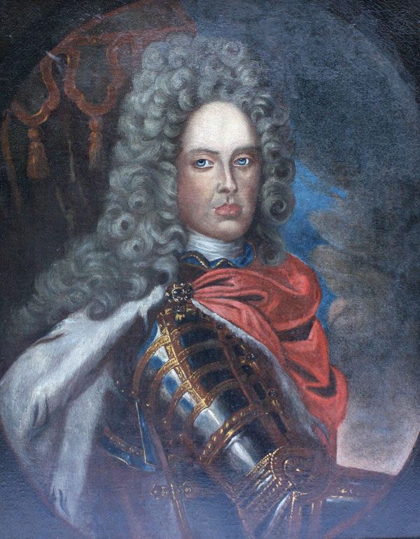 A painted portrait of a man in a long wig and armour with a red sash.