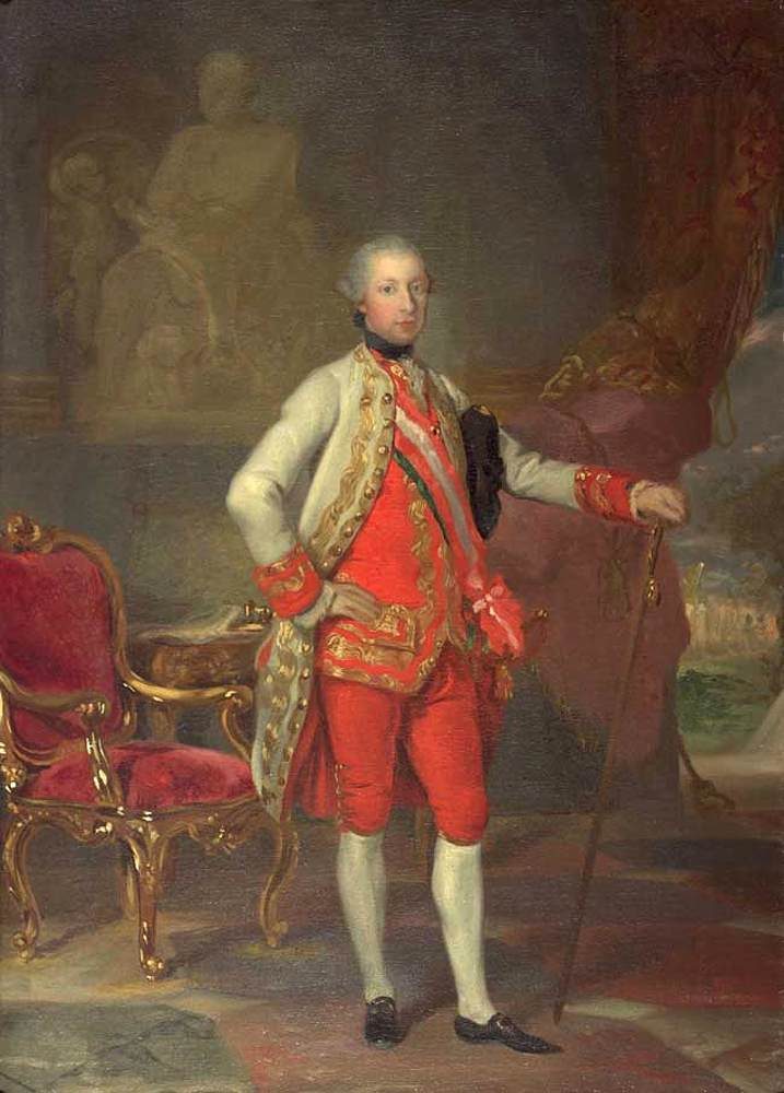 A full-length painted portrait of a man in a red military coat standing beside a table.