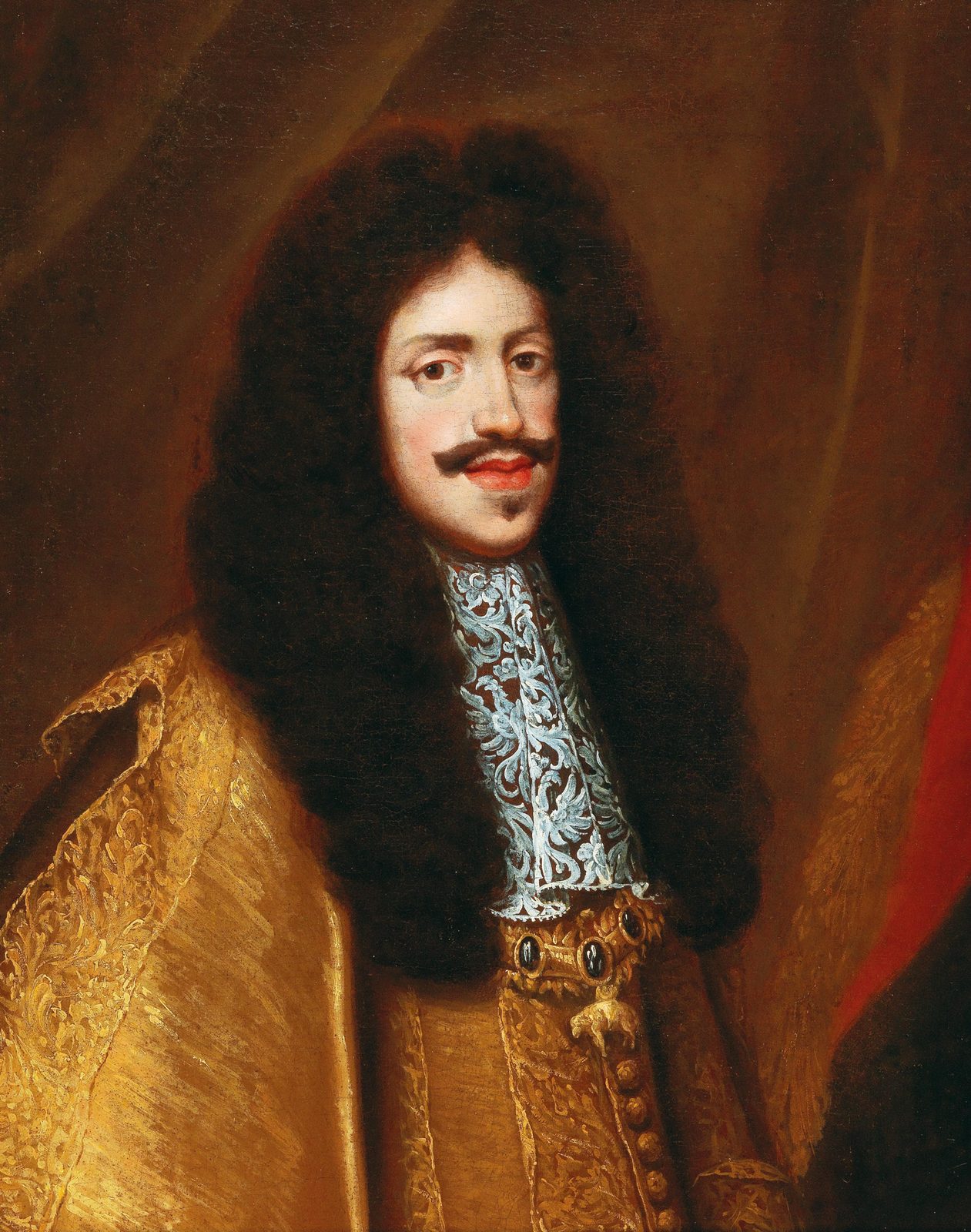 A painted portrait of a young man with long dark curls, a moustache and a lace collar.
