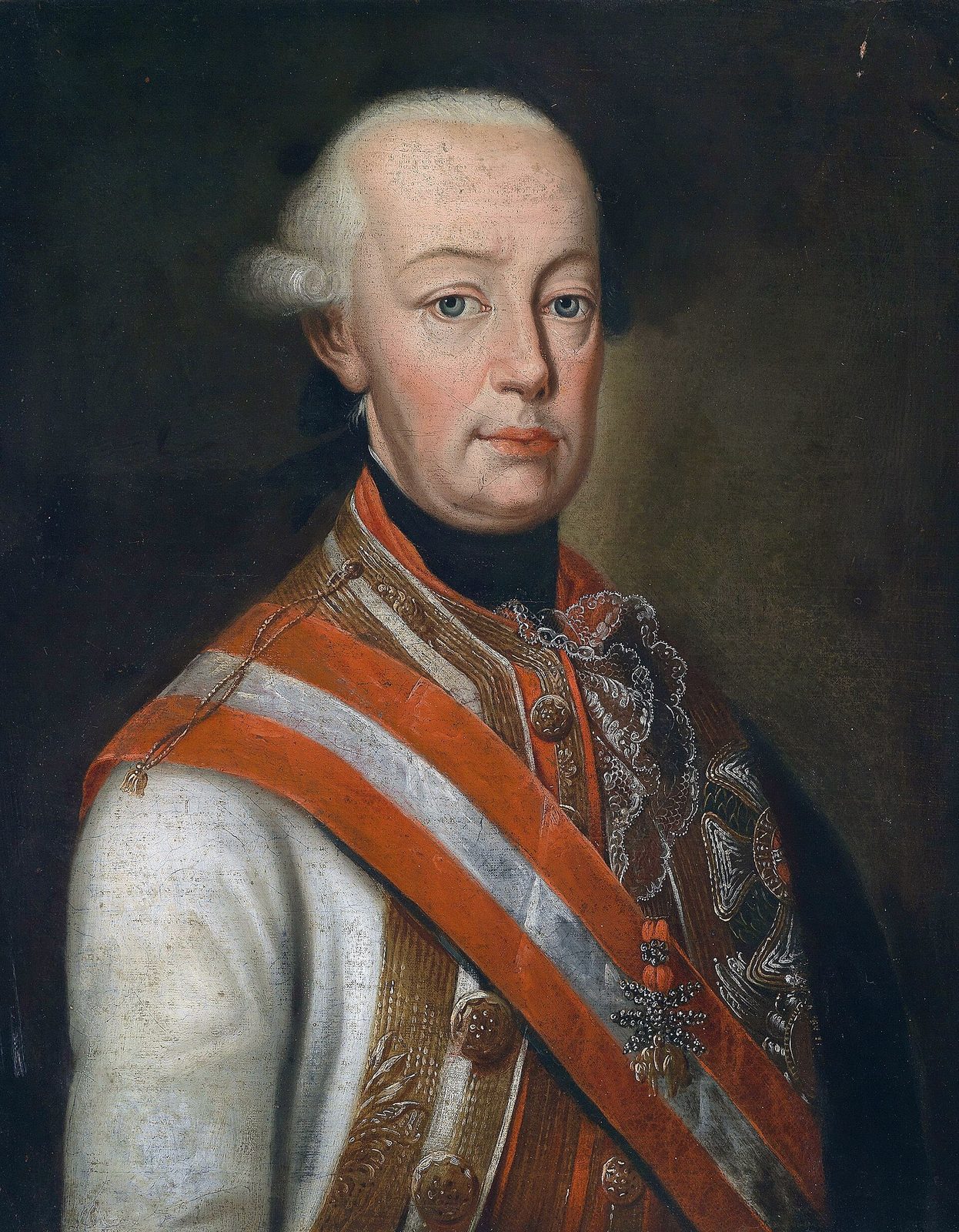 A painted portrait of a man in a white wig and a uniform with an orange sash.