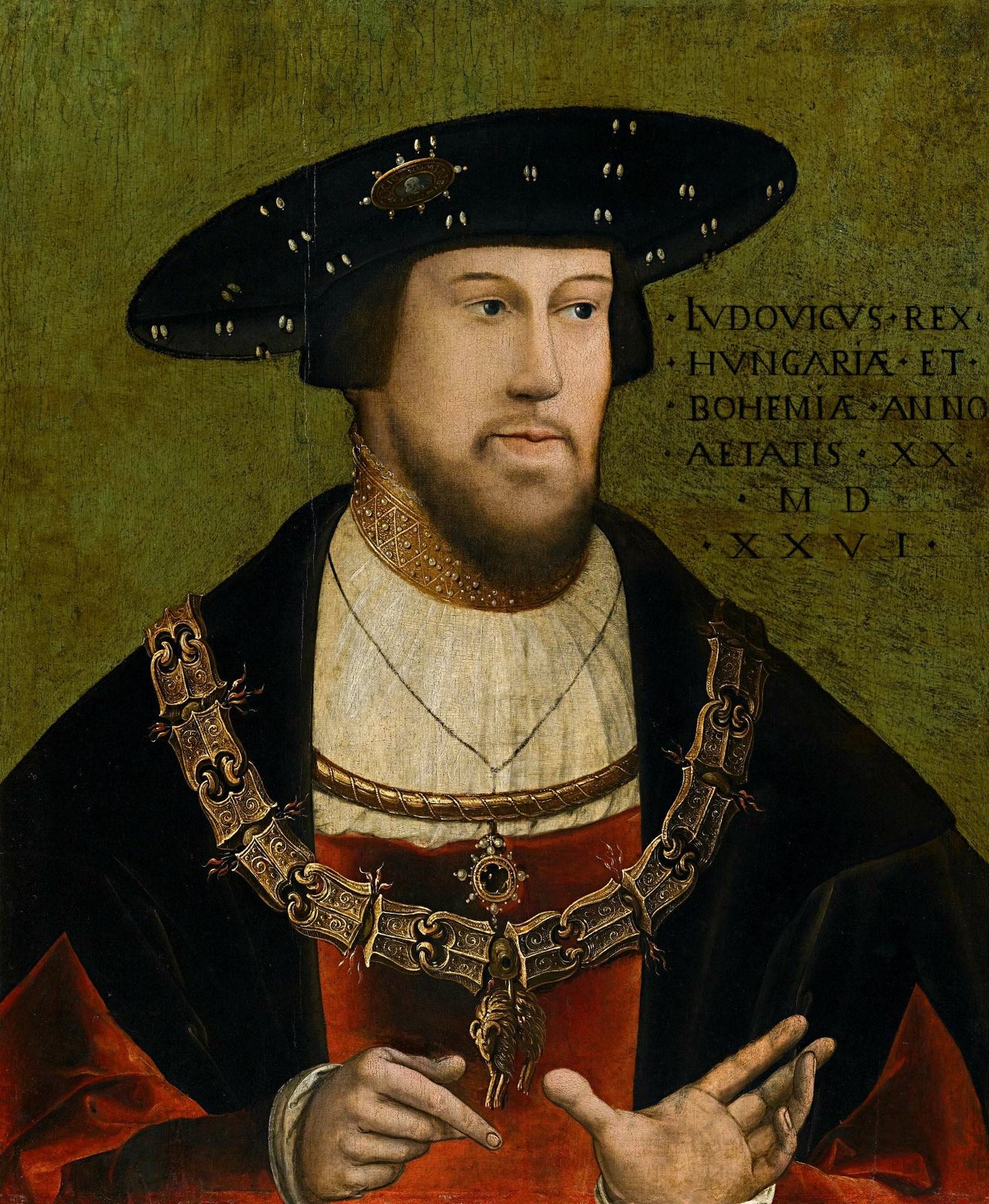 A painted portrait of a young king in a black cap and gold chain.