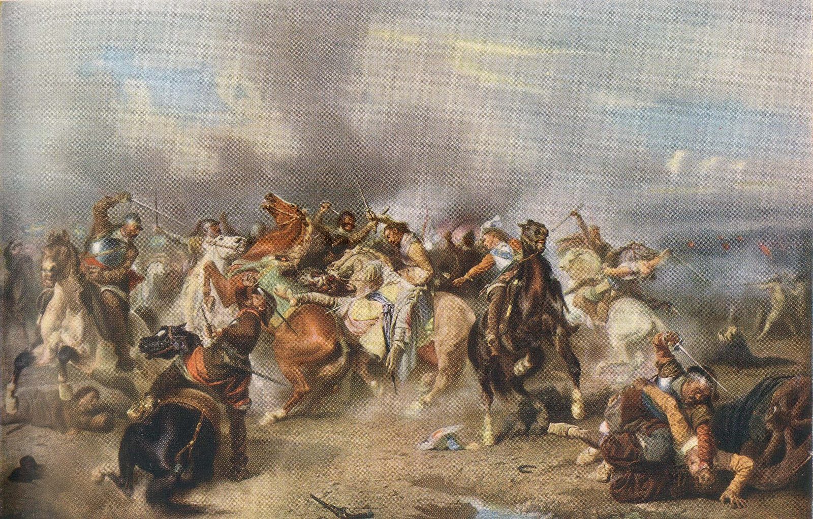 A painting of a cavalry battle in smoke, a king falling from his horse amid the melee.