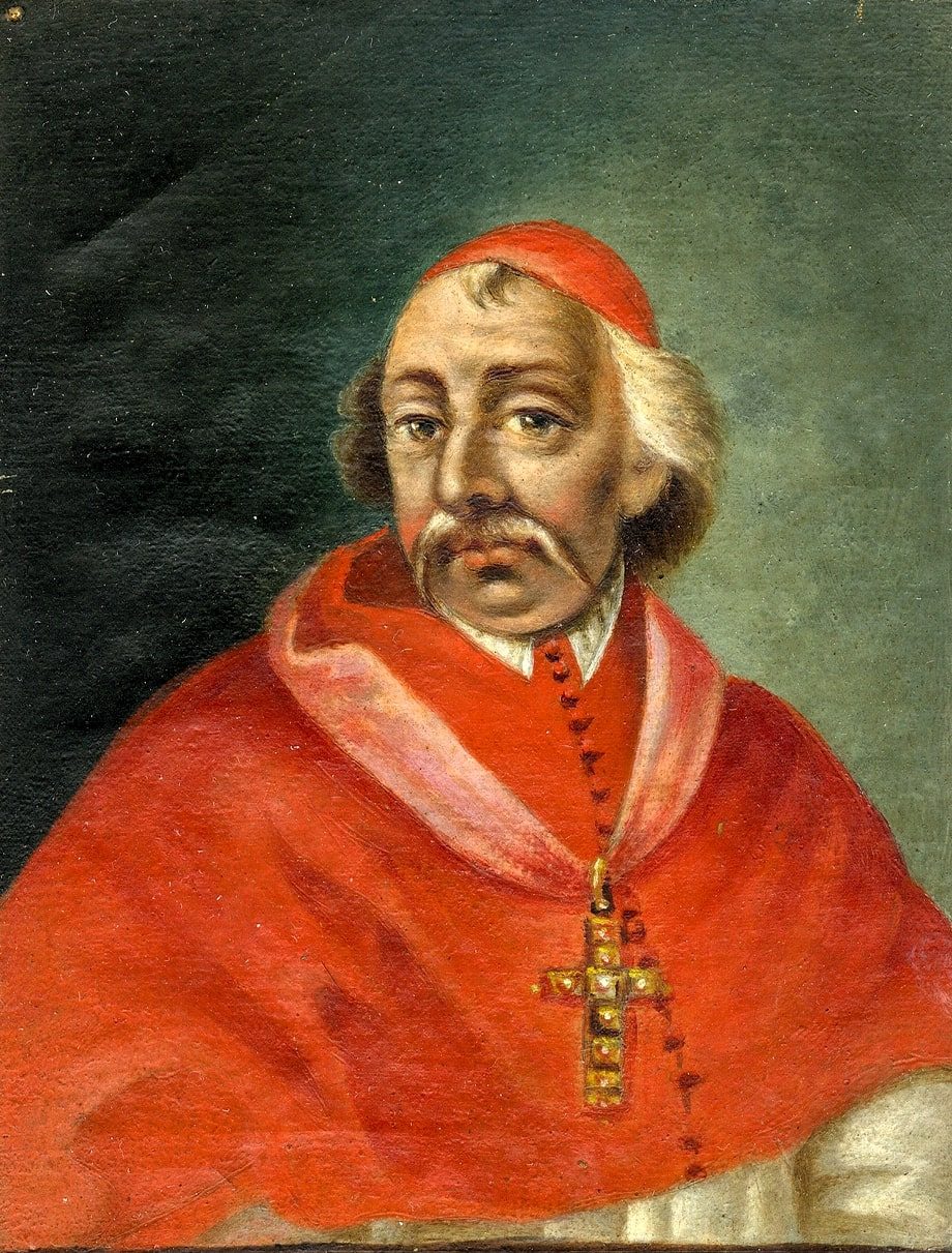 A painted portrait of an elderly cardinal in red with a grey moustache.