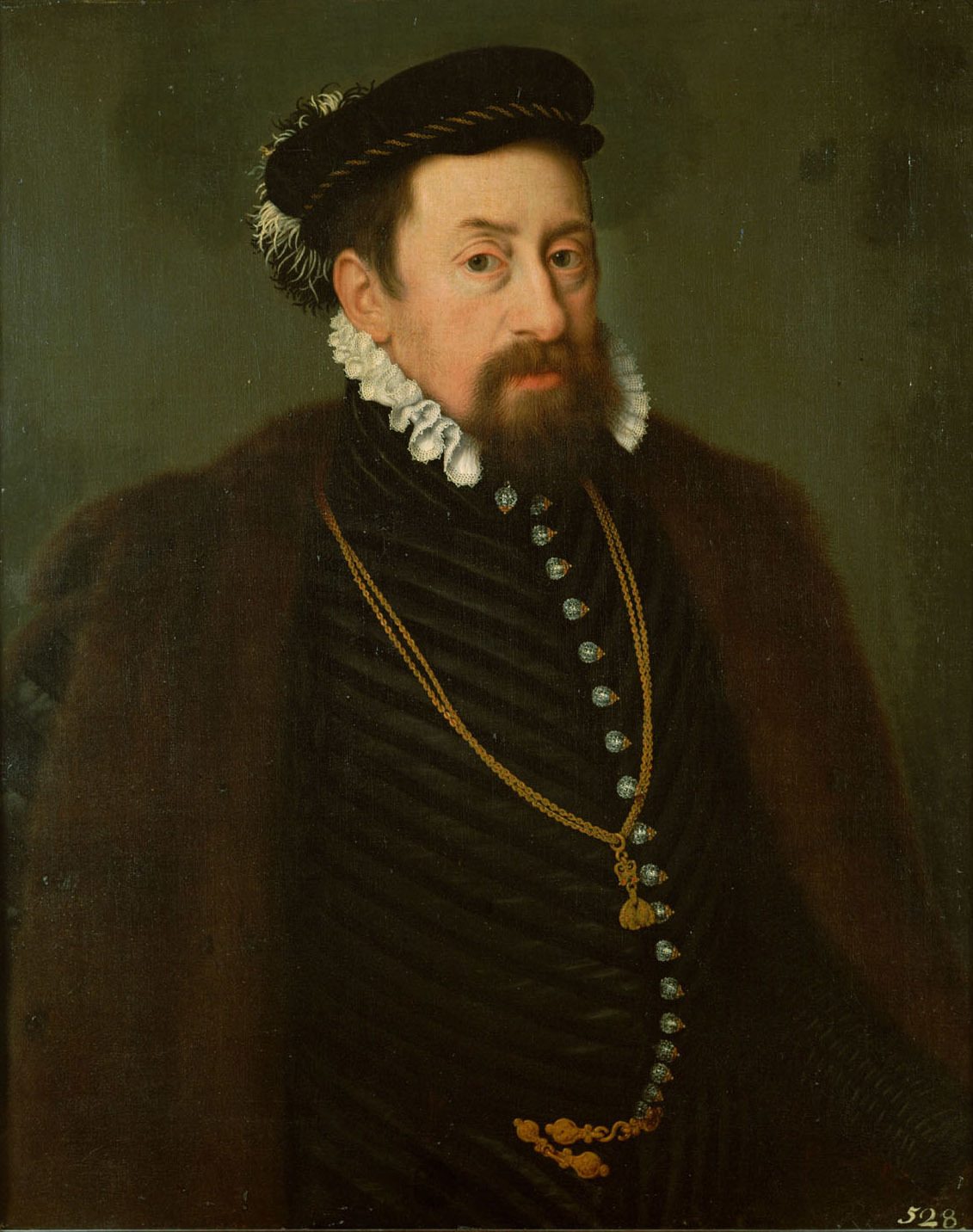 A painted portrait of a bearded man in a black cap and ruff.