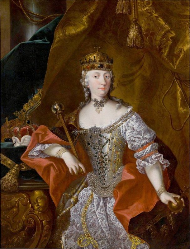 A painted portrait of a young queen in a silver lace gown with a crown and ermine.