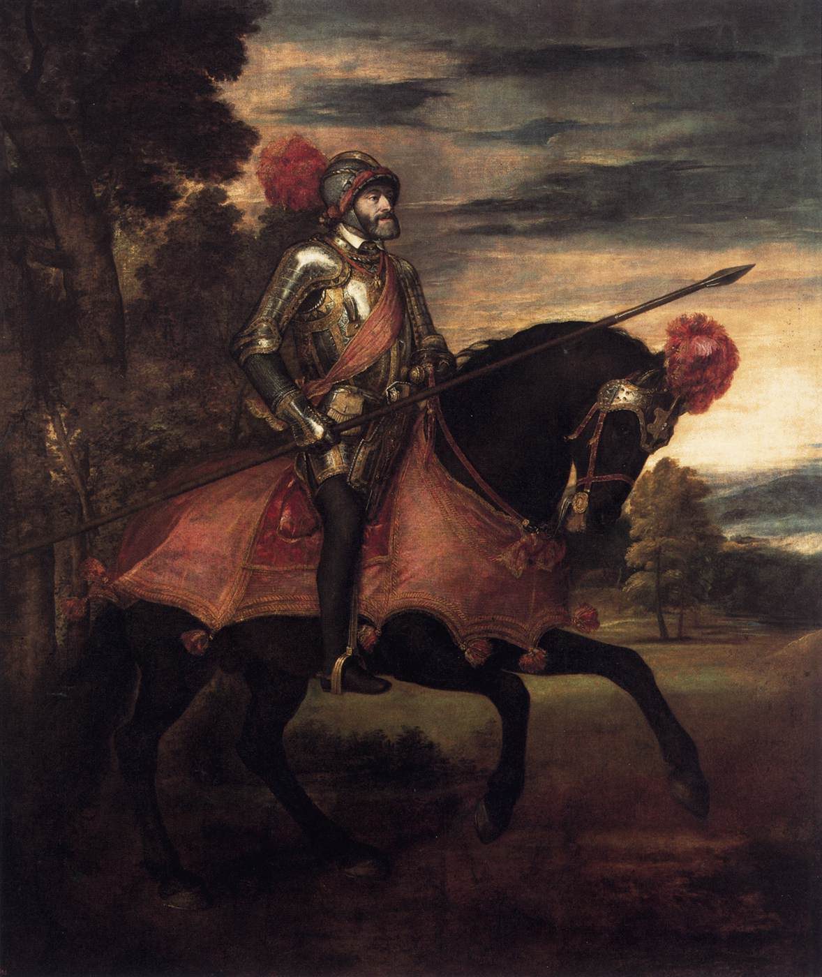 A painting of an emperor in armour on a dark horse with a lance, before a dusky landscape.