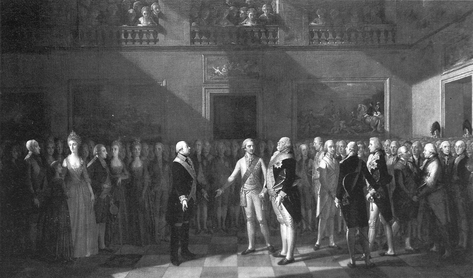 A painting of monarchs and courtiers meeting in a long palace hall.