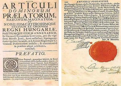 A printed title page in Latin beside a signed document with a red seal.