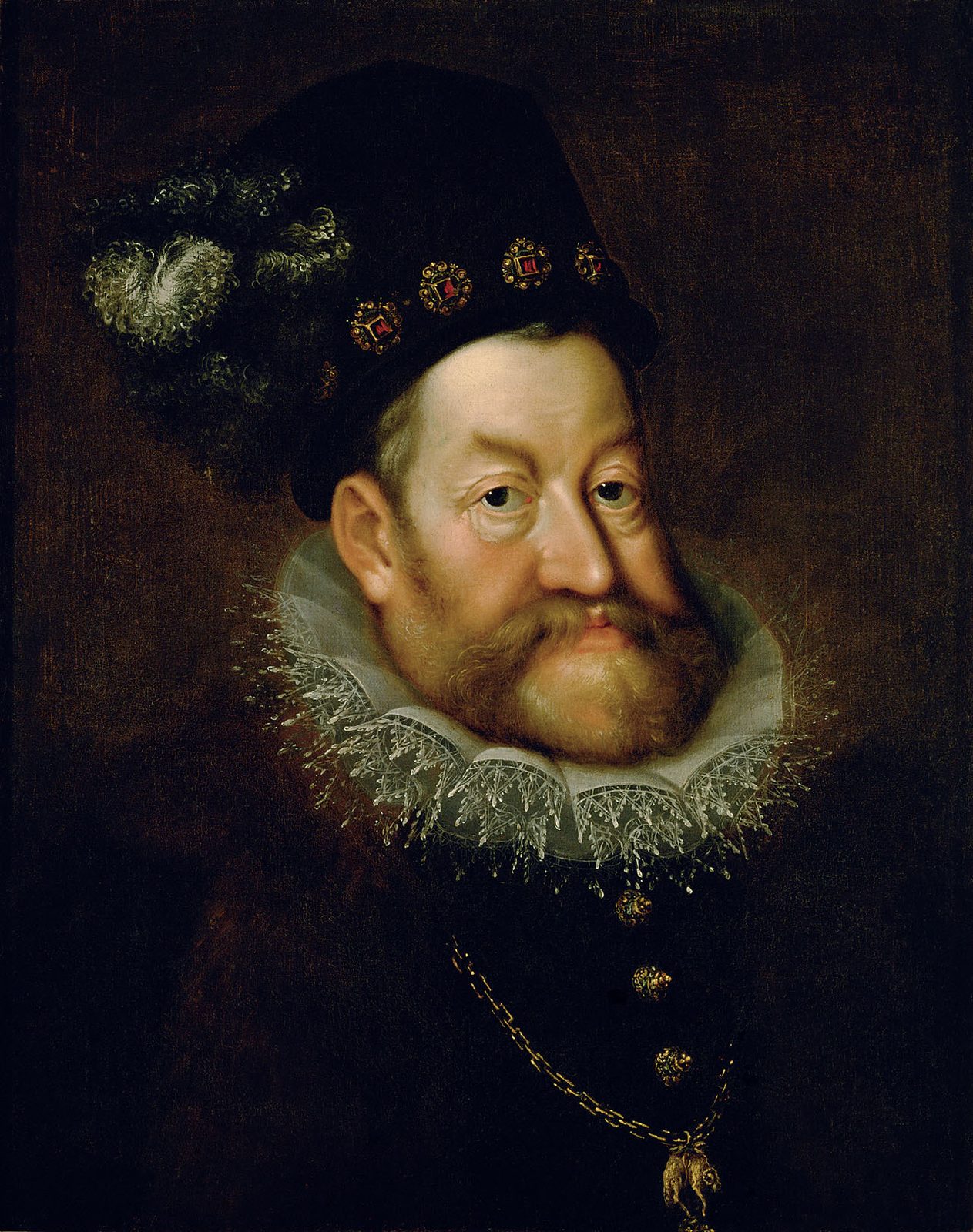 A painted portrait of a heavy-jawed man in a black hat and lace ruff.