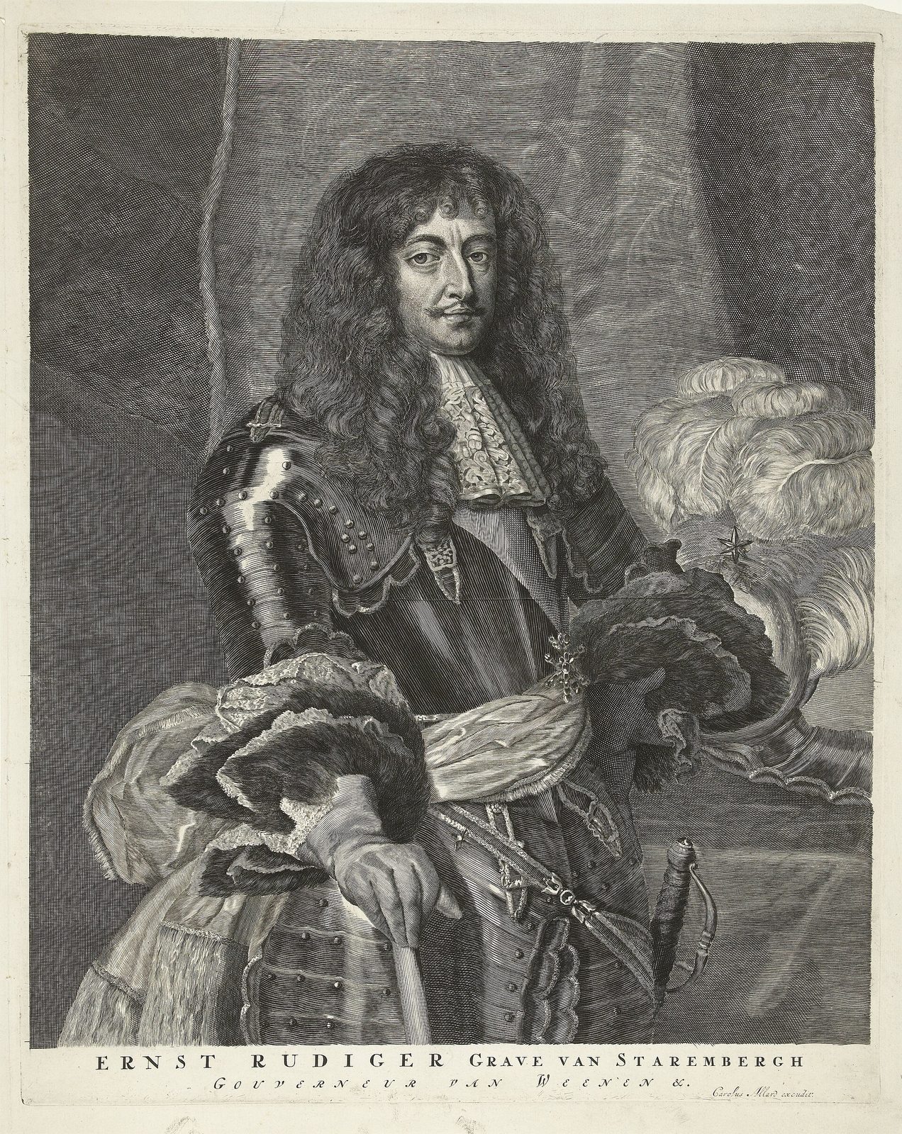 An engraved portrait of a man in a full wig and armour.