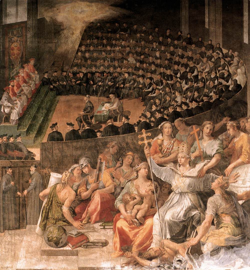 A painting of a council in session in a crowded hall, allegorical figures in the foreground.