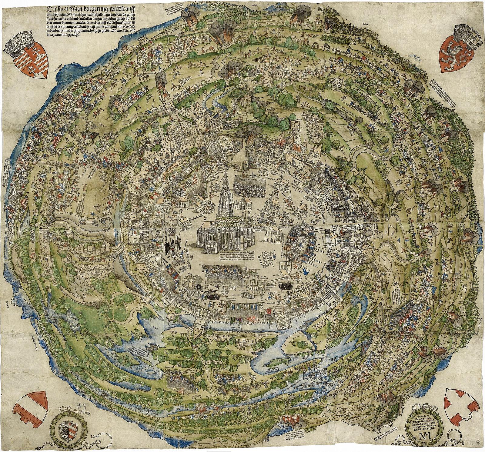 A circular bird's-eye woodcut of a walled city ringed by an enormous besieging camp.