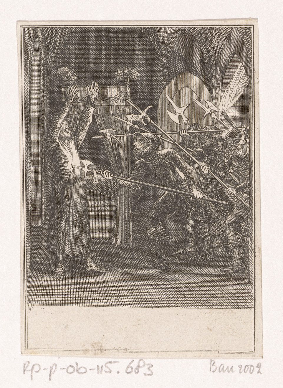 An engraving of soldiers bursting into a bedroom and spearing a man in his nightshirt.