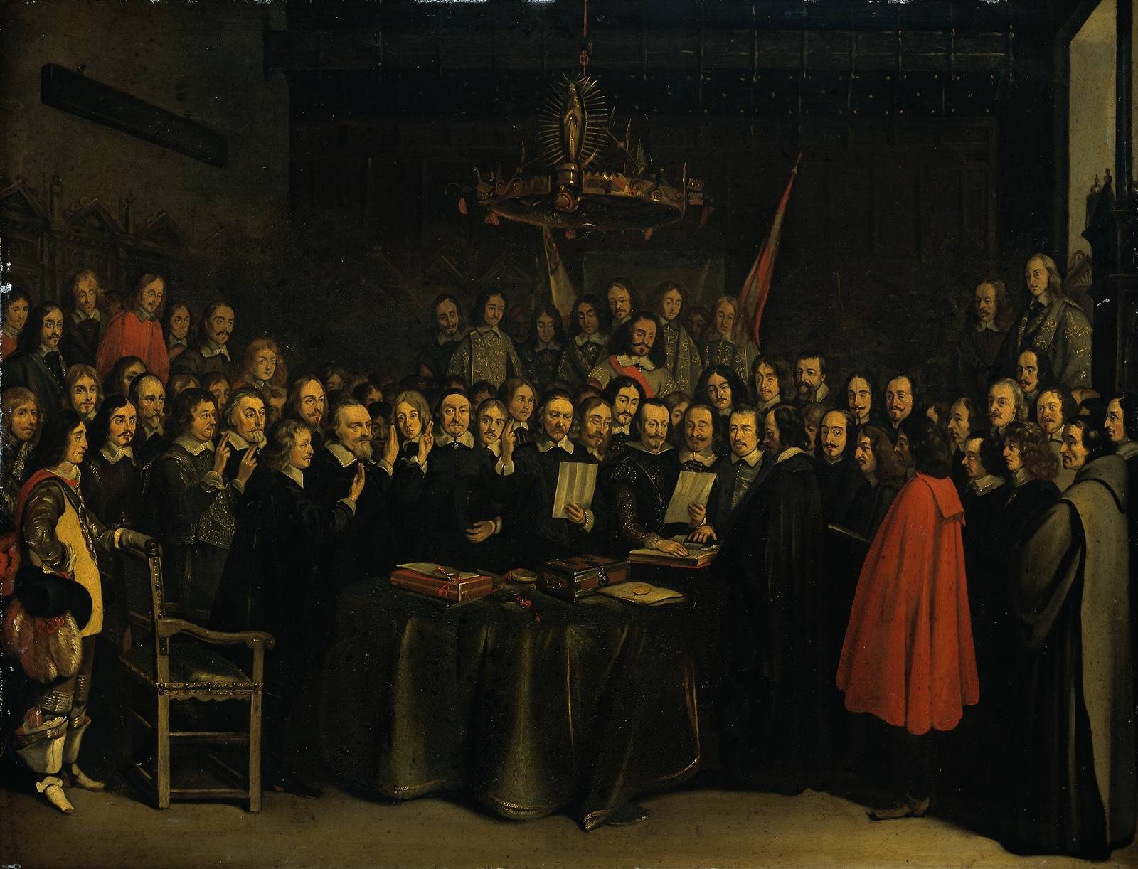 A painting of a crowded hall where envoys raise their hands to swear an oath before a table.