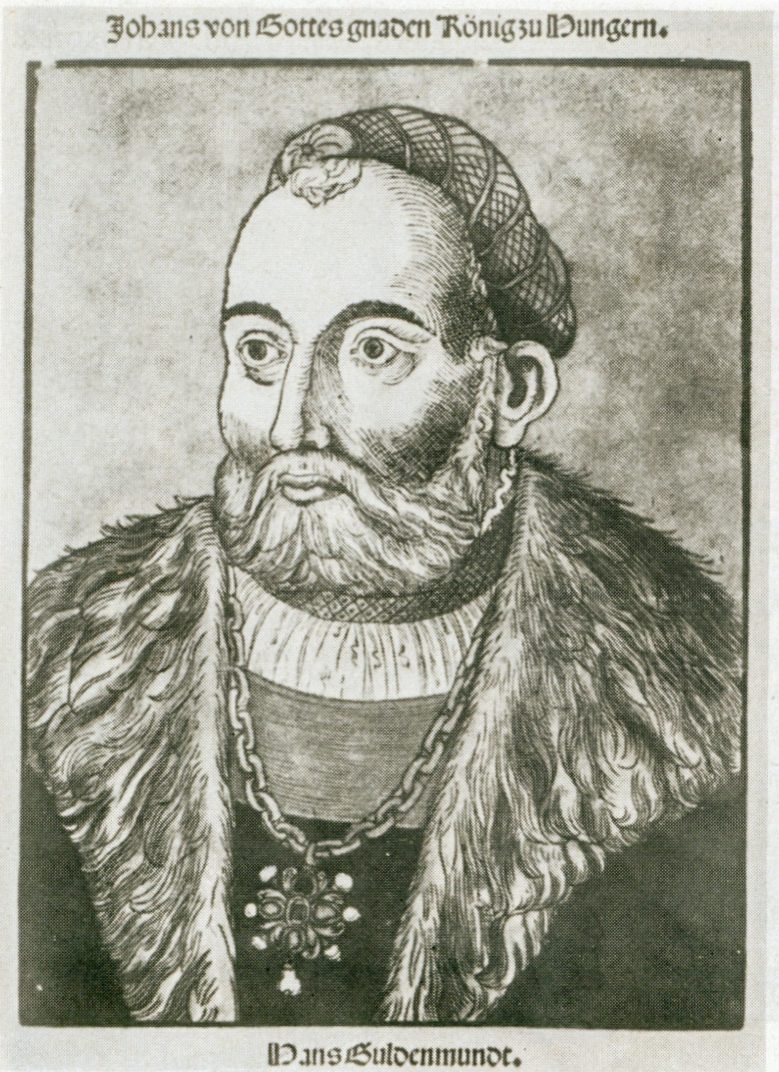 A woodcut portrait of a bearded king in a fur collar, a German inscription above.
