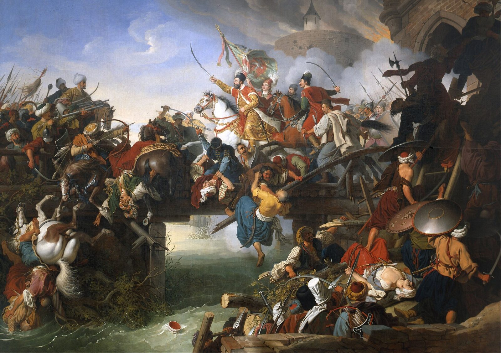 A painting of armoured men bursting from a burning gate into a mass of Ottoman soldiers.