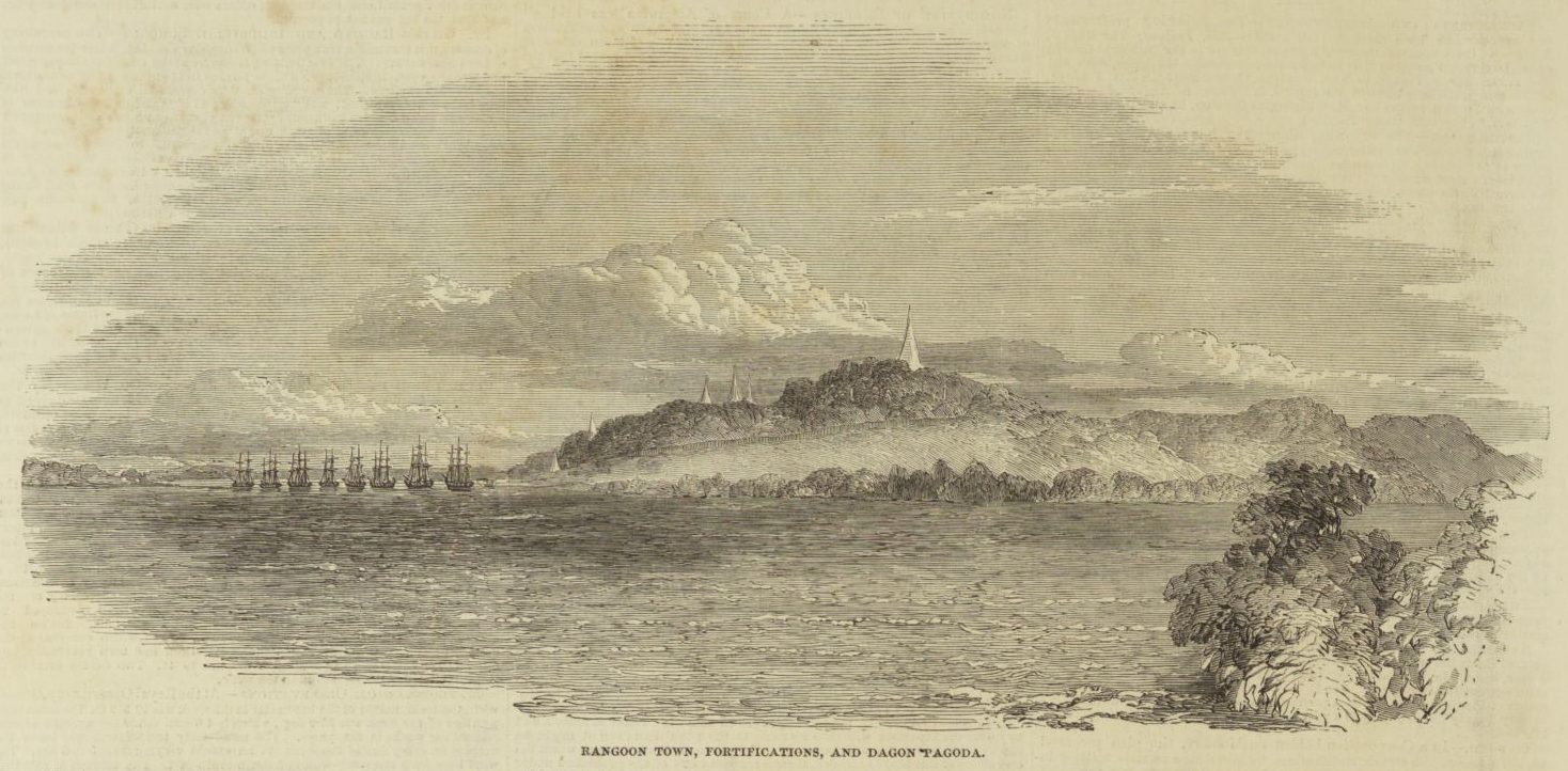 An engraving of a low town and fortifications beneath a great pagoda on a hill.