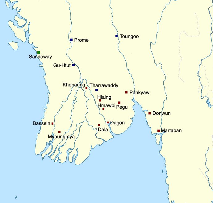 A map of Lower Burma marking Pegu, Martaban, Myaungmya, Prome and Toungoo.