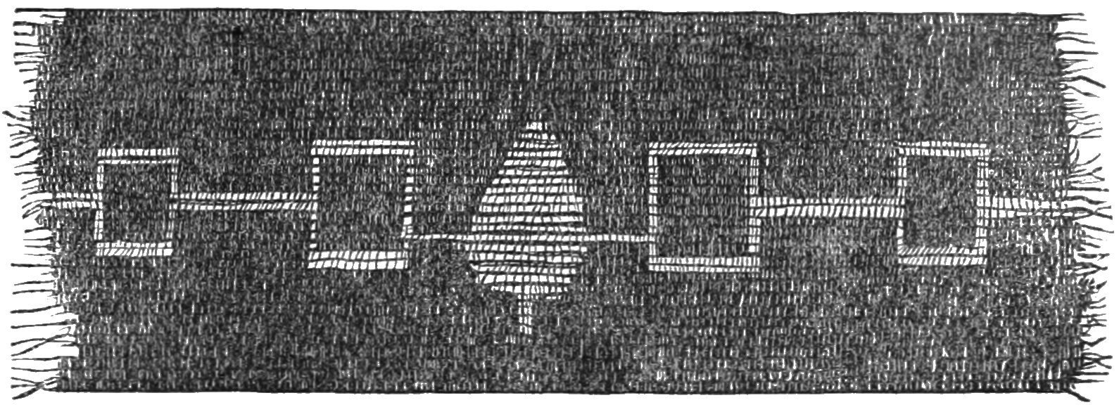 A drawing of a wampum belt with four hollow squares joined by lines on either side of a central tree-like figure.