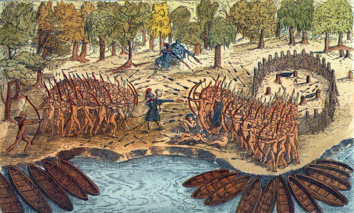 A hand-coloured engraving of two ranks of archers facing each other by a lake shore, a man with a musket between them and canoes drawn up in front.