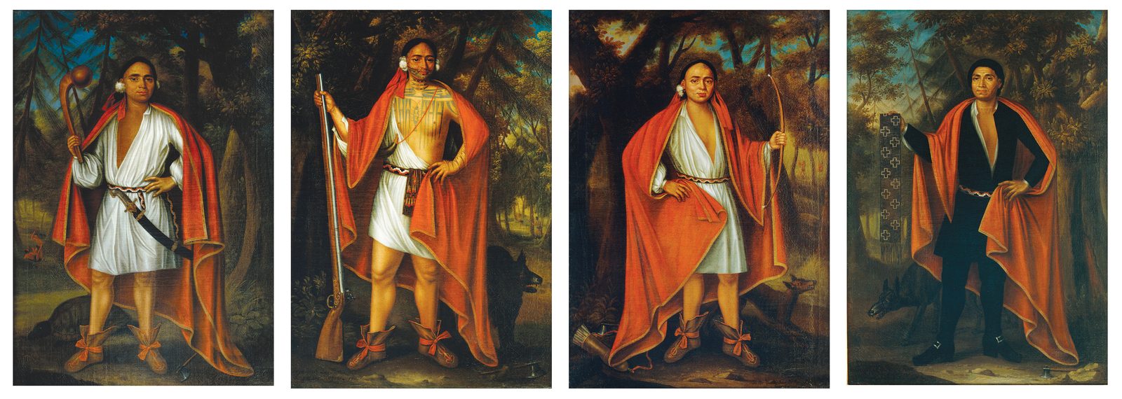 Four full-length portraits of men in red blankets and white shirts, holding weapons, in wooded landscapes.