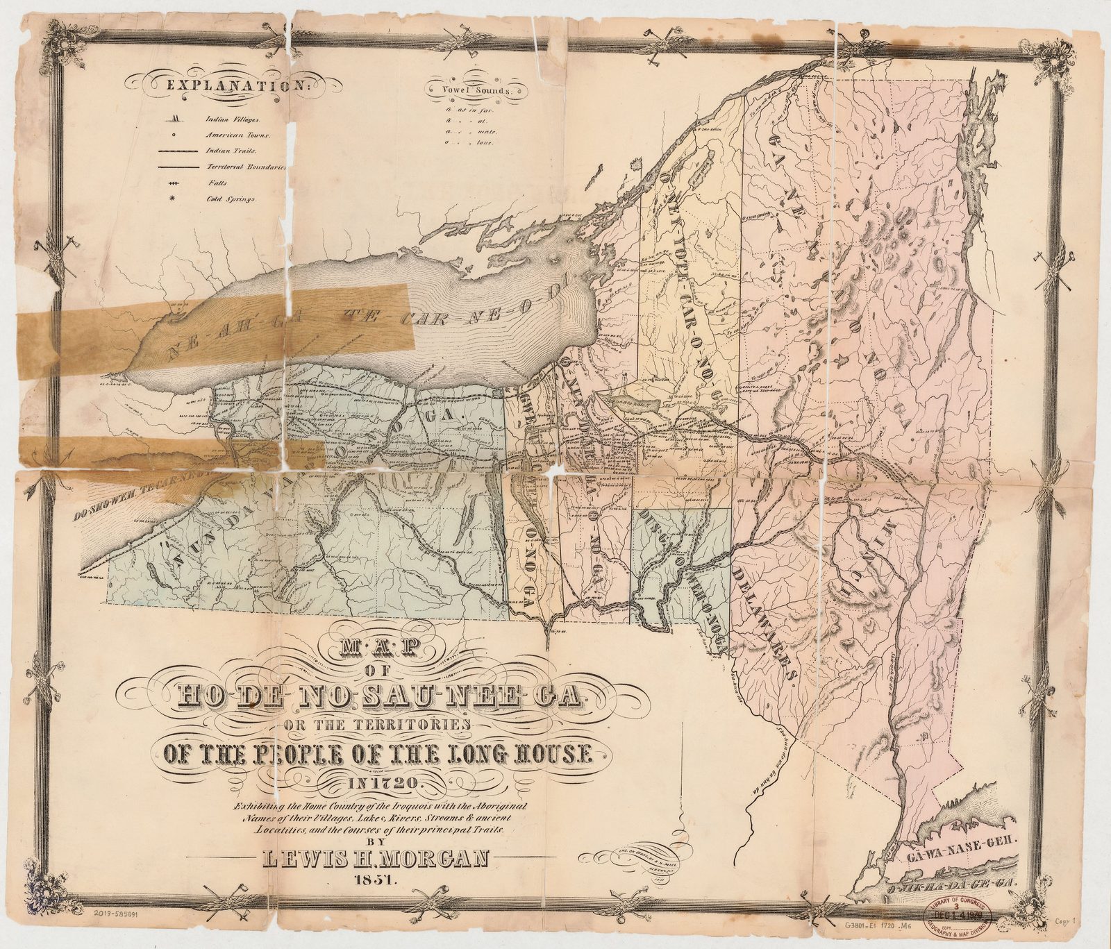 A hand-coloured map of New York State divided into the territories of the five Iroquois nations, with trails and villages.