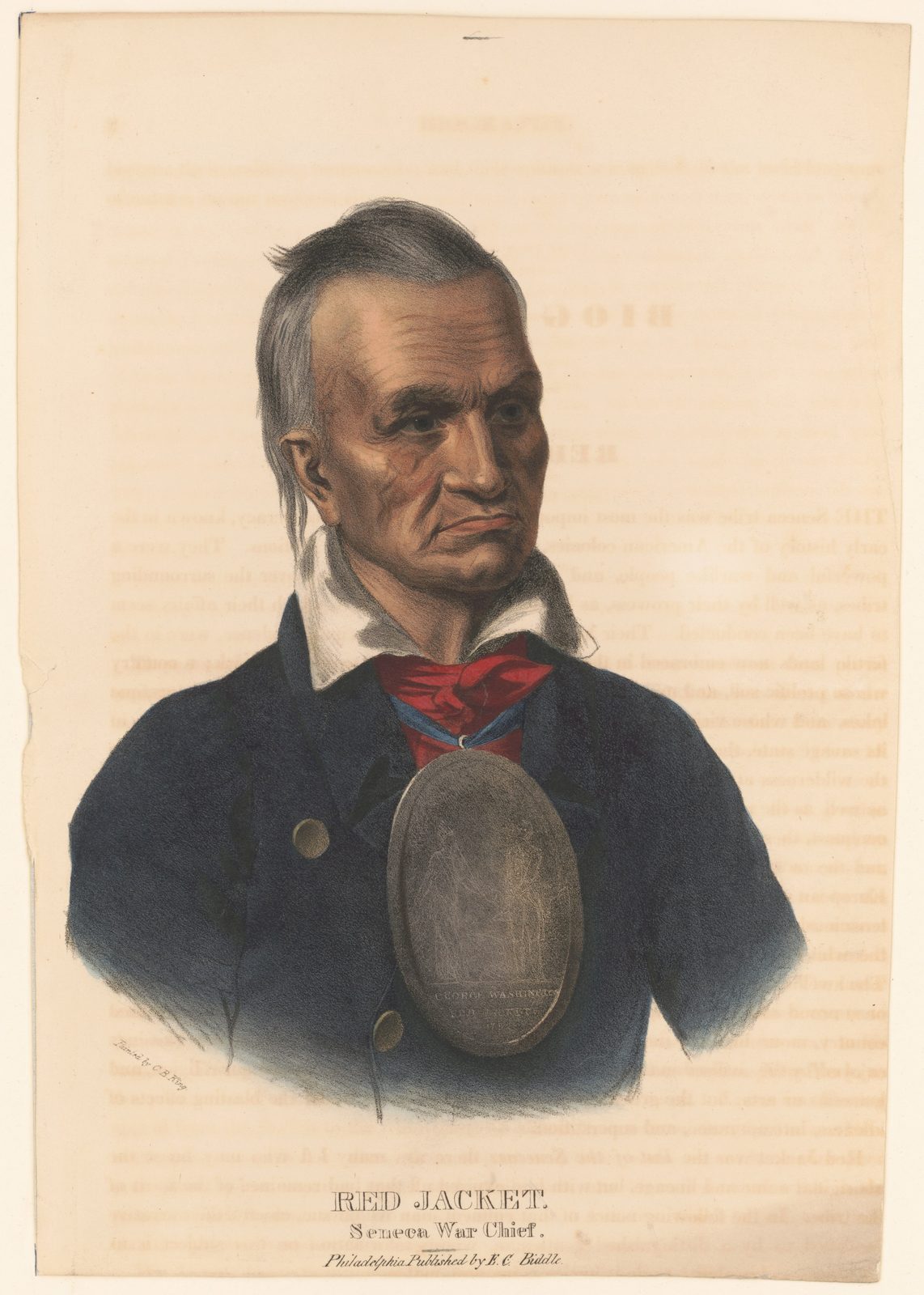 A hand-coloured lithograph of an old man with a large silver medal on his chest and a red cloth at his neck.
