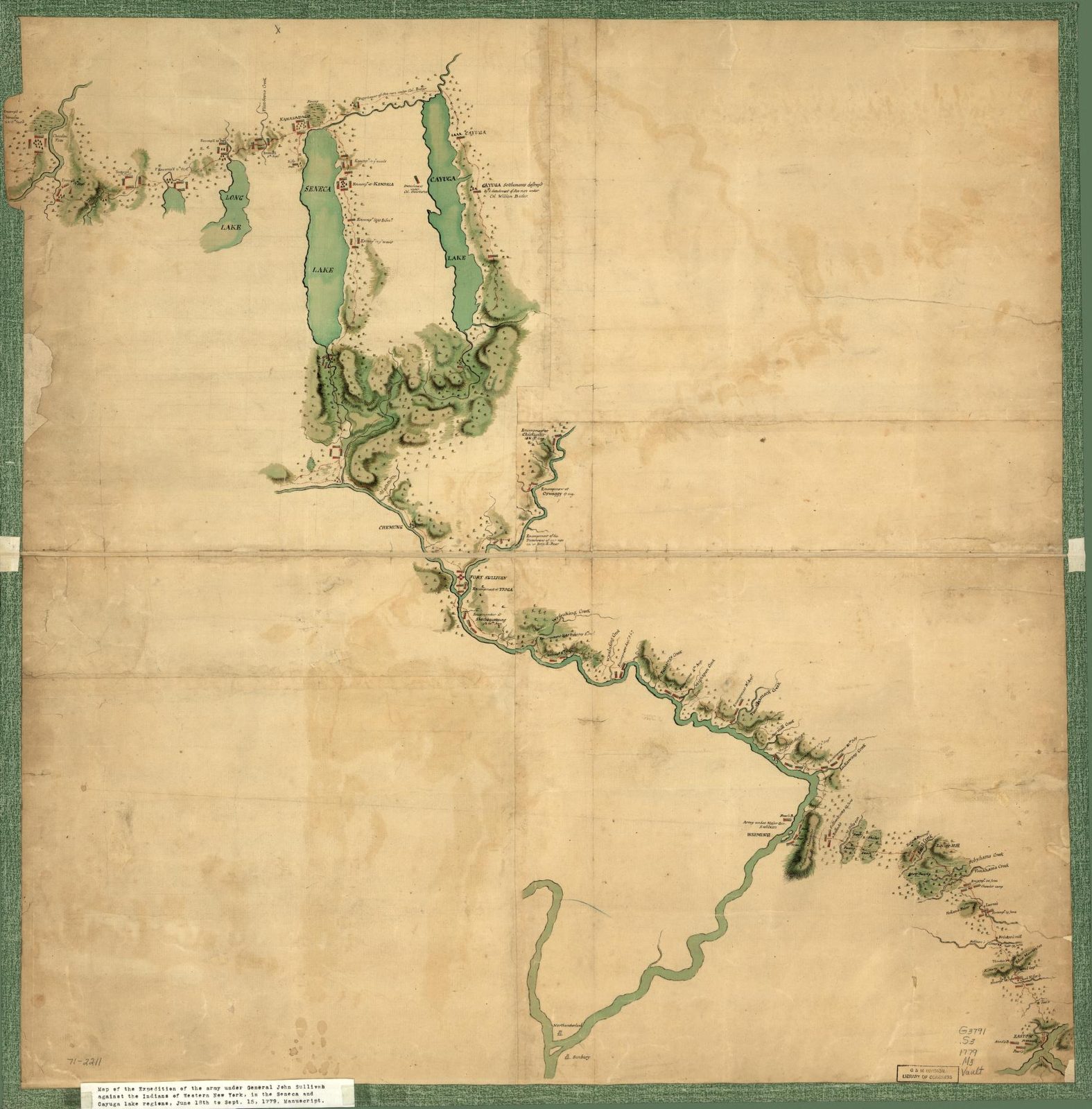 A manuscript map of a winding river route with long lakes to the north, marked with the line of an army's march.