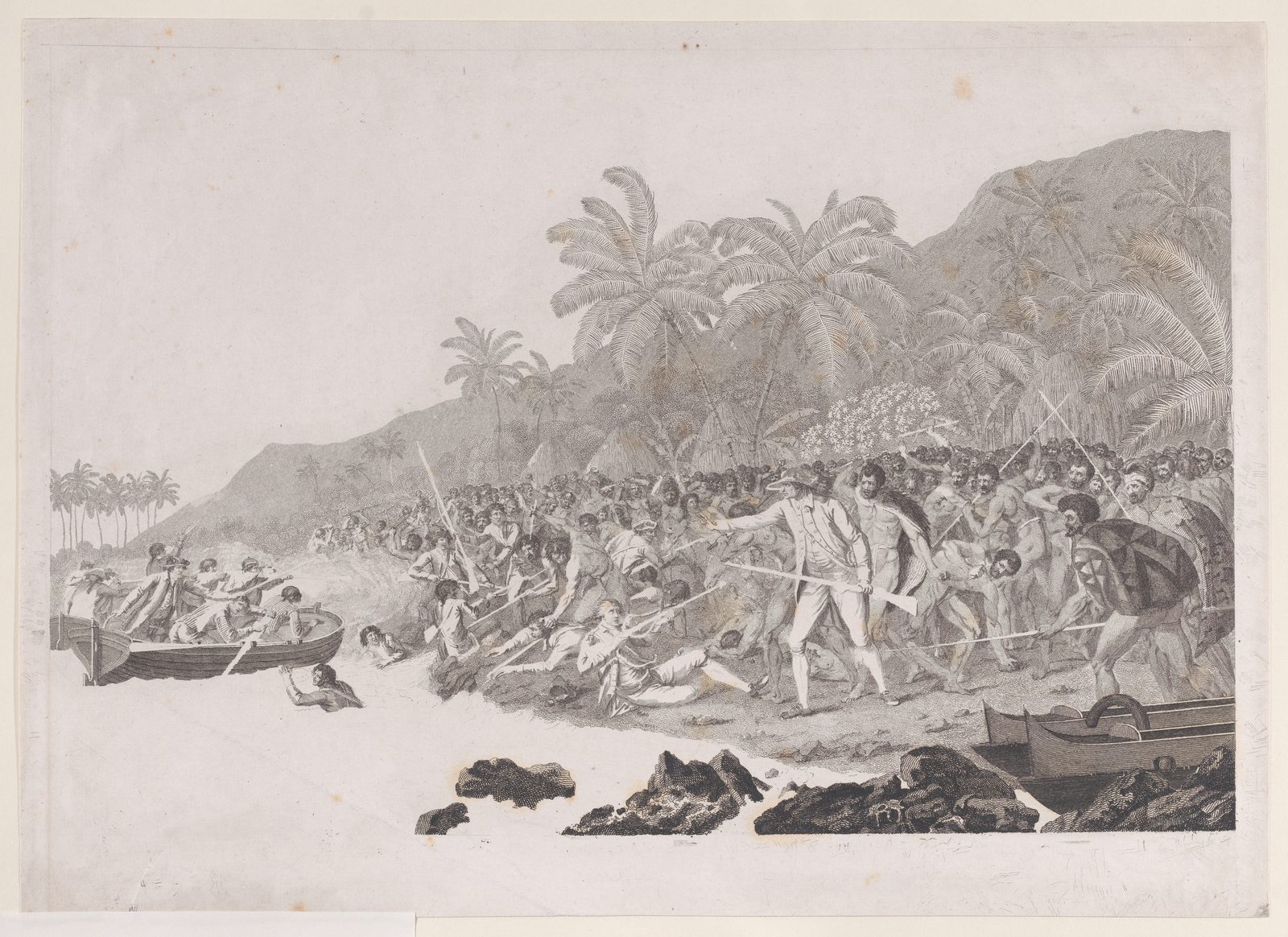 An engraving of a crowd of islanders fighting sailors at the water's edge, boats and a hillside behind.