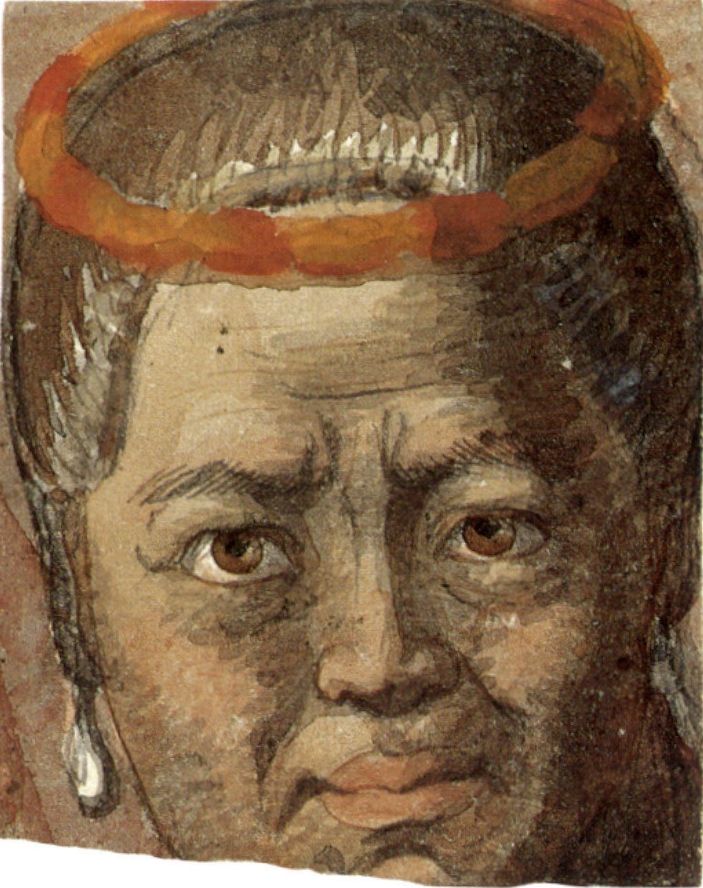 A watercolour of a woman's face with a lei on her head and dark, deep-set eyes.