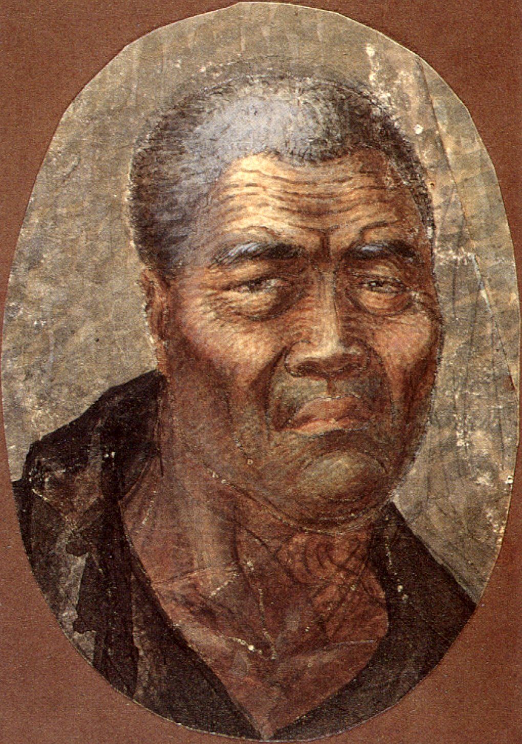 A watercolour portrait of an elderly man with close-cropped grey hair and a lined face, in an oval.