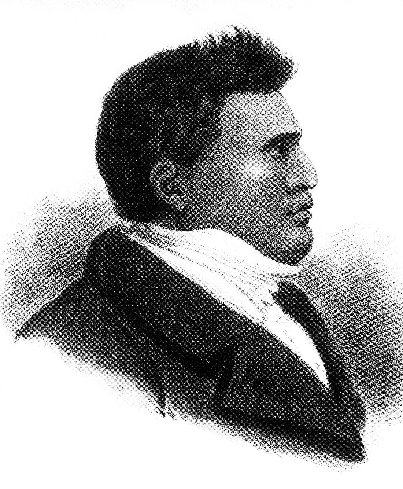An engraved profile portrait of a young man with thick hair, in a dark coat and white cravat.