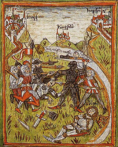 A manuscript miniature of armed men cutting down a rider by a river below a castle.
