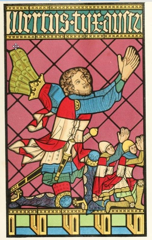 A coloured plate of a stained-glass window showing a duke in armour kneeling under a banner.
