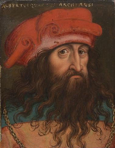 A painted portrait of a heavily bearded man in a red cap.