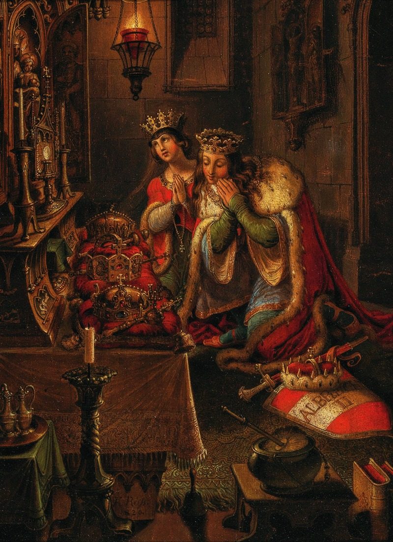 A painting of a king and queen kneeling in prayer before an altar on which three crowns rest.