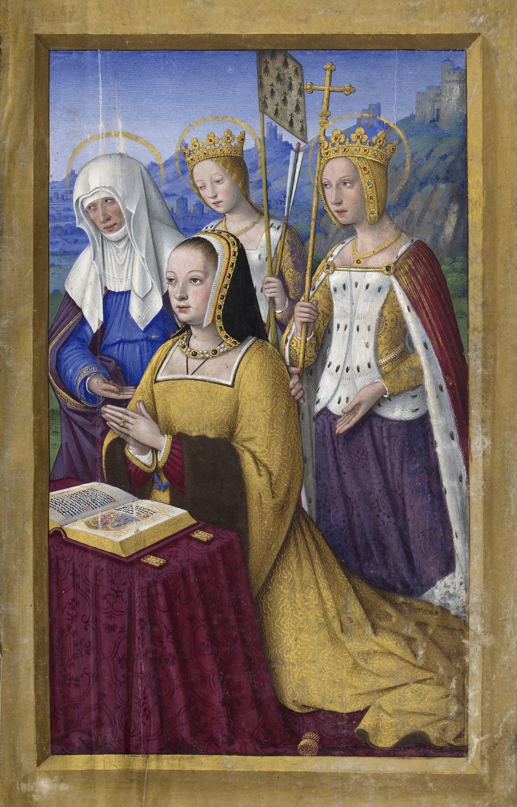 An illuminated miniature of a kneeling queen at prayer before an open book, three female saints standing behind her.