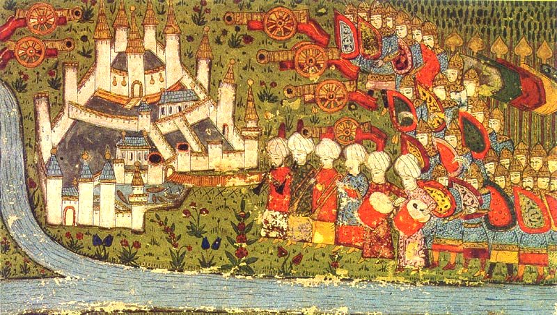 An Ottoman miniature of a walled fortress by a river besieged by janissaries and cannon.