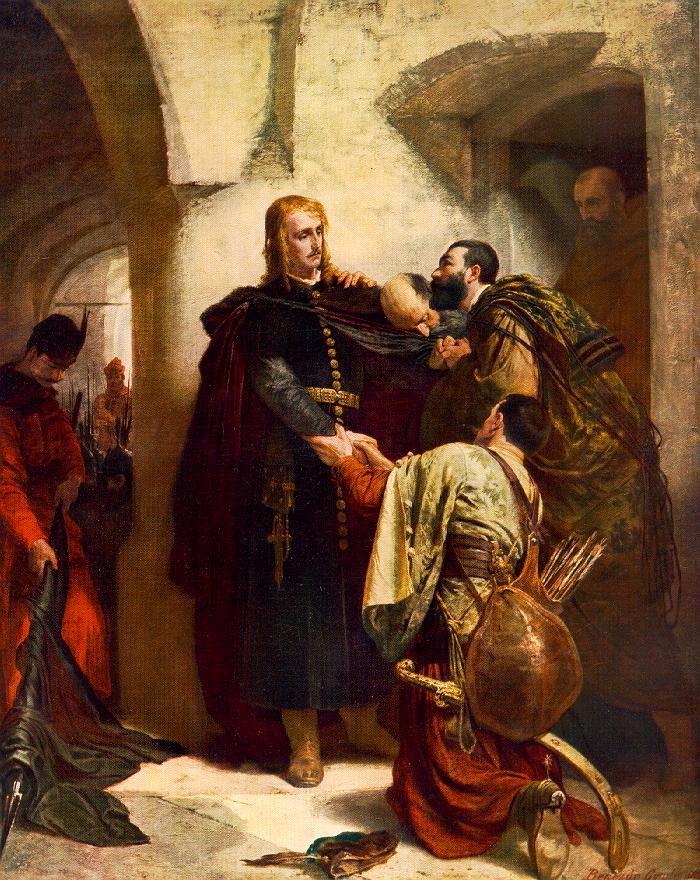 A painting of a young nobleman being led from a cell by guards, a monk and mourners beside him.