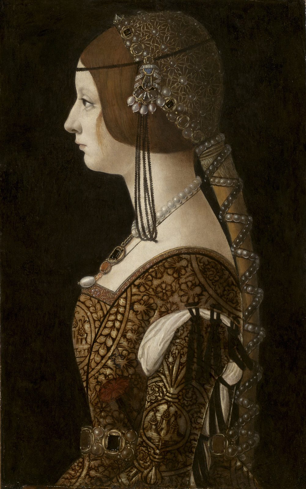 A painted profile portrait of a young woman with a jewelled hairnet and brocade gown.