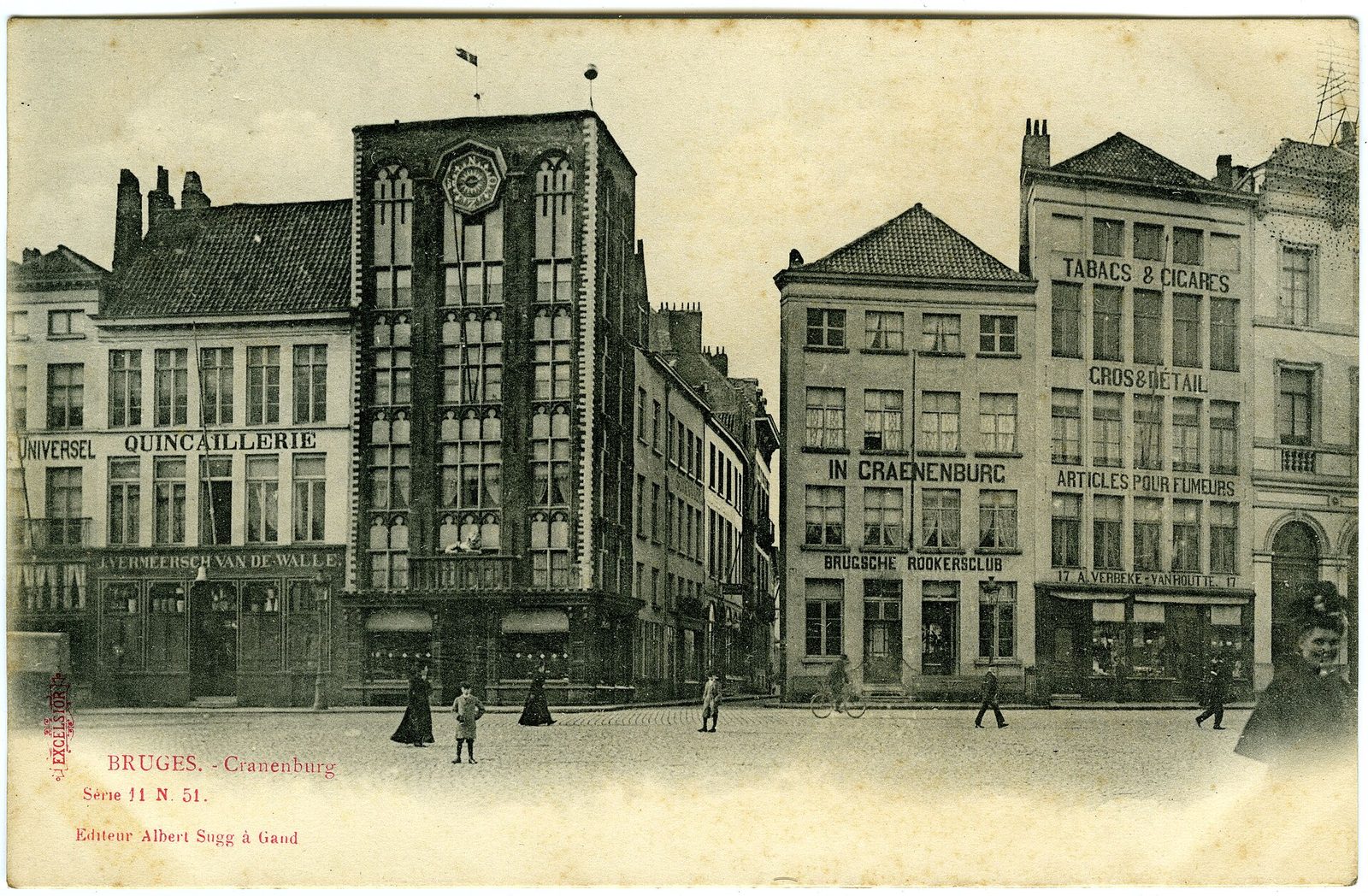 A tinted postcard of tall gabled houses on a market square.