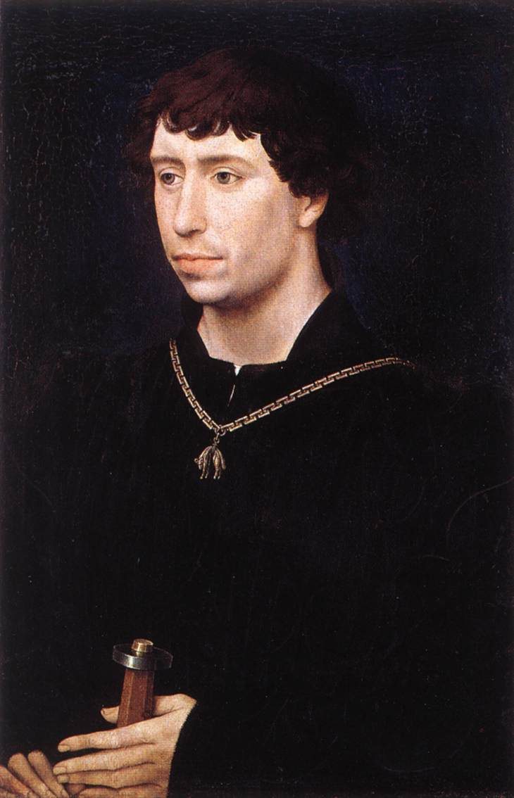 A painted portrait of a dark-haired man in black wearing the collar of the Golden Fleece.