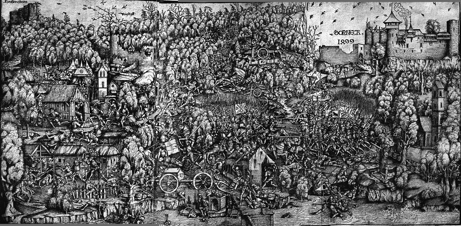 A woodcut panorama of two armies fighting beside a river below a castle and a village.