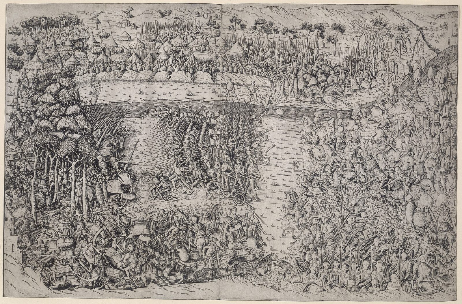A grisaille painting of huge armies clashing across a river valley.