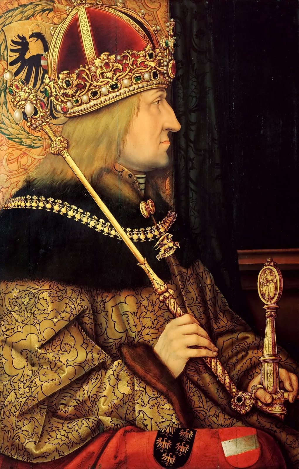 A painted portrait of an emperor in a mitre crown and gold brocade holding a sceptre.
