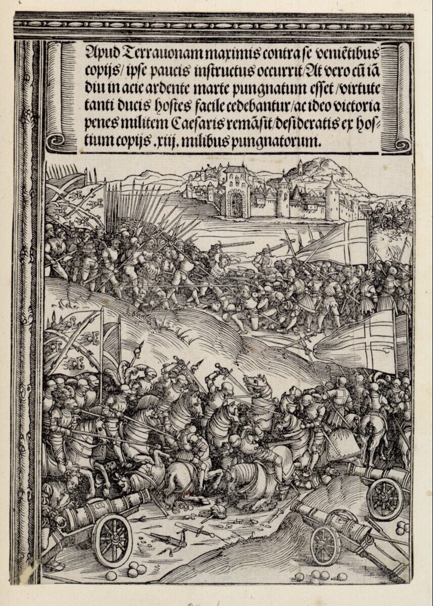 A woodcut of massed cavalry and pikemen clashing beneath a Latin text panel.
