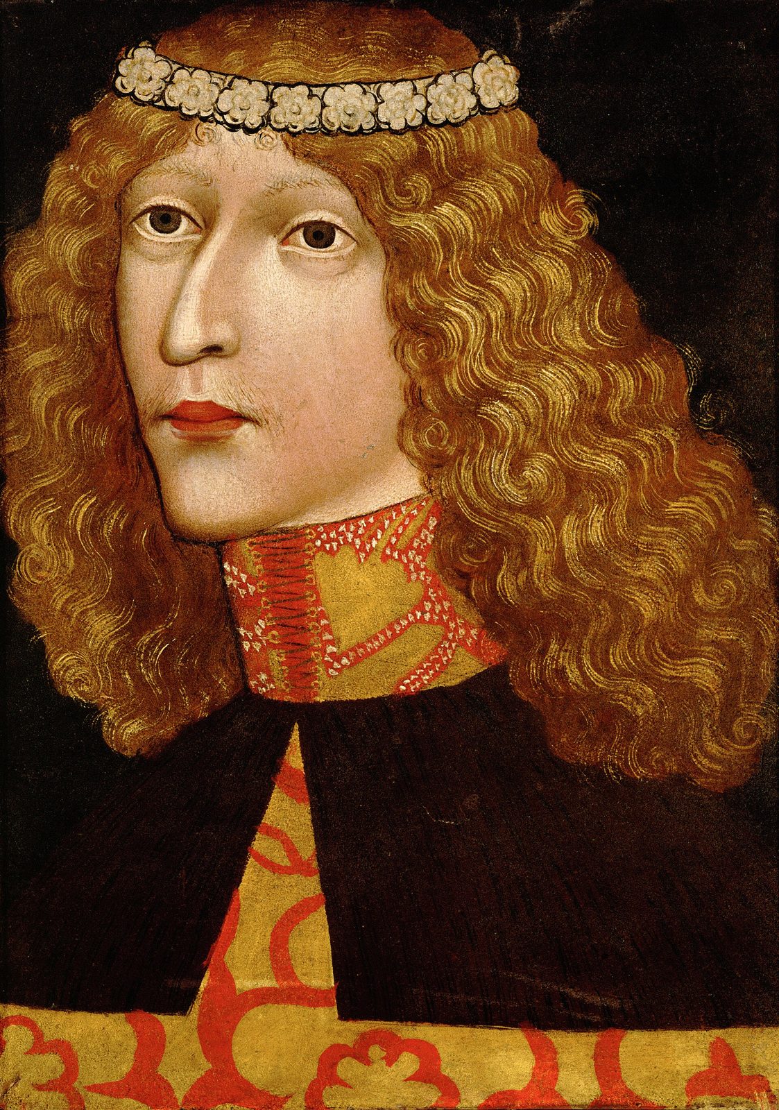 A painted portrait of a pale youth with long golden curls and a jewelled circlet.