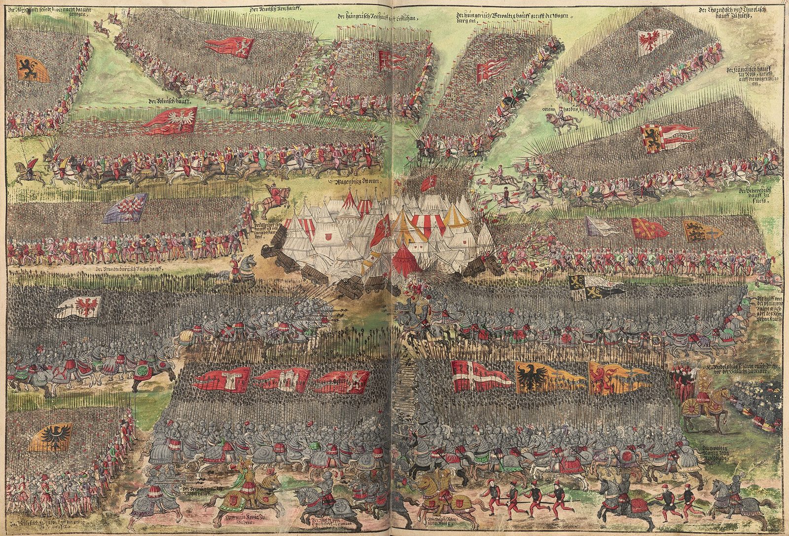 A grey-washed drawing of two armies of armoured horsemen locked in a vast battle across a plain.