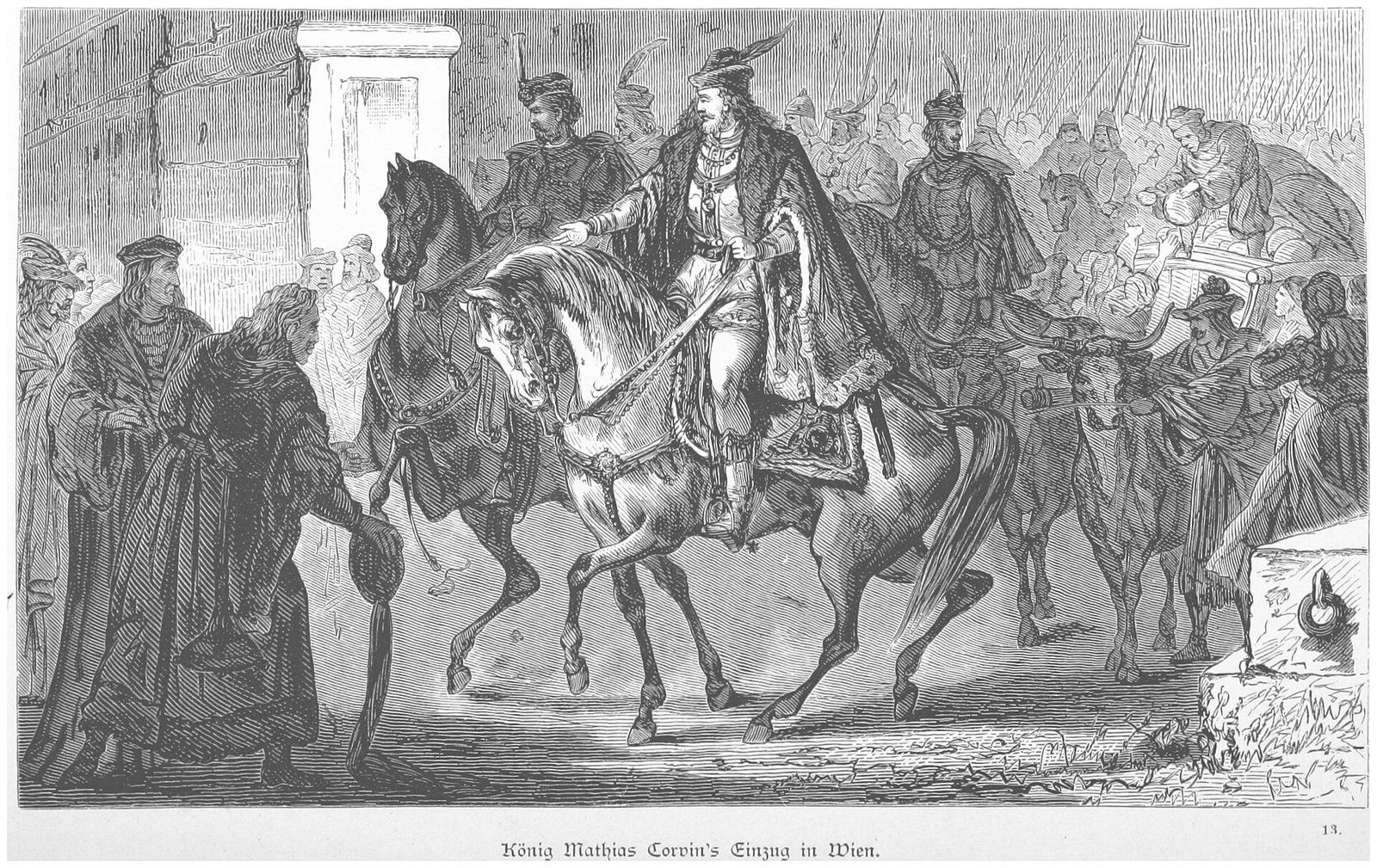 An engraving of a king on horseback entering a city with an escort of riders and spectators.